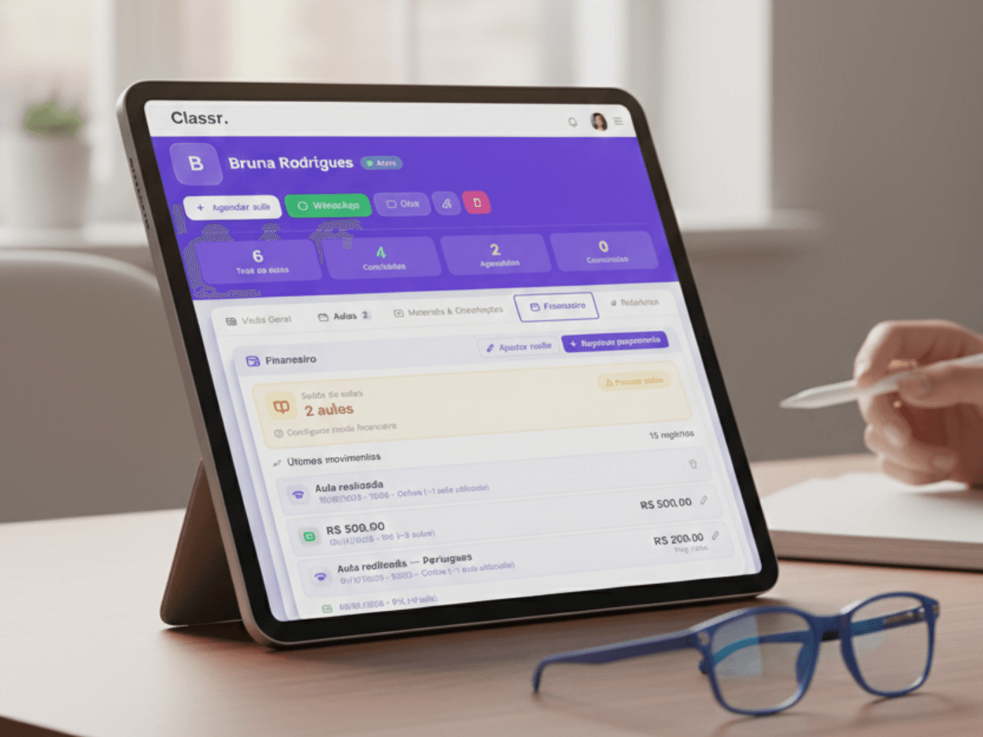 Tablet showing the Classr dashboard — tutor workspace for scheduling, students and payments