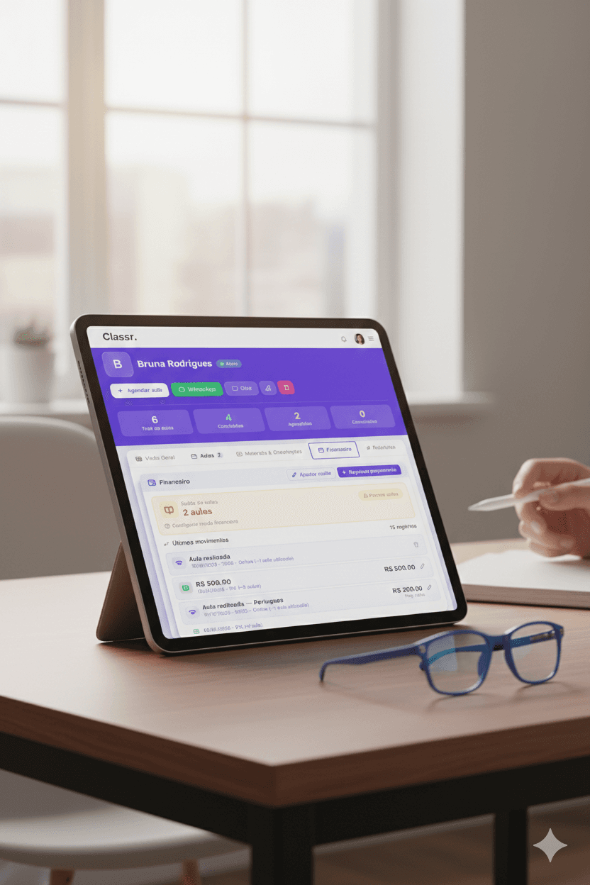 Tablet showing the Classr dashboard — tutor workspace for scheduling, students and payments